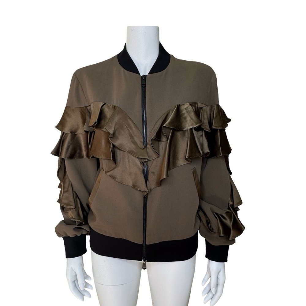 $525 CINQ A SEPT “Leía” Ruffle Bomber Jacket Sz S Olive Satin Trim - Picture 2 of 7